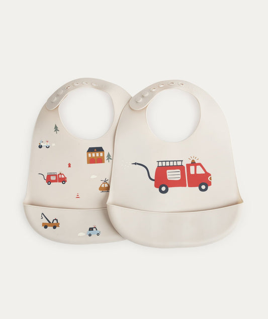 2 Pack Tilda Silicone Bib - Emergency vehicle / Sandy - Baby & Toddler > Baby Feeding > Bibs - The Present King