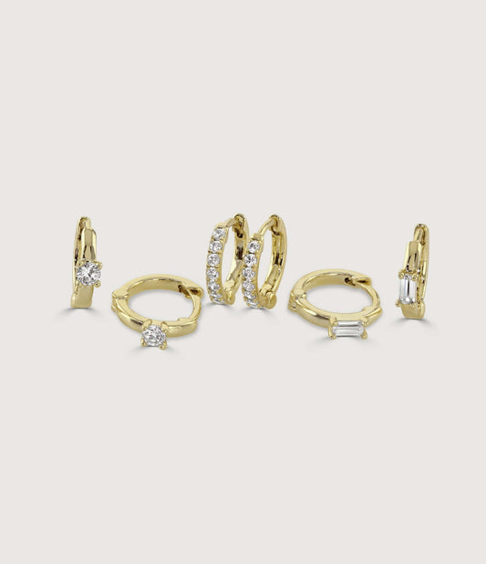 GOLD AND CRYSTAL HUGGIE EARRING SET OF THREE