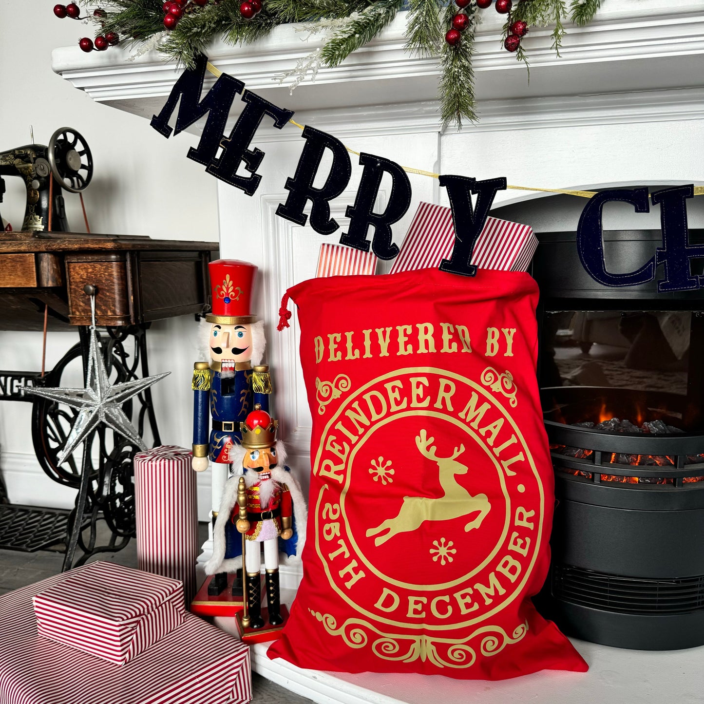 Red and Gold Reindeer Santa Sack