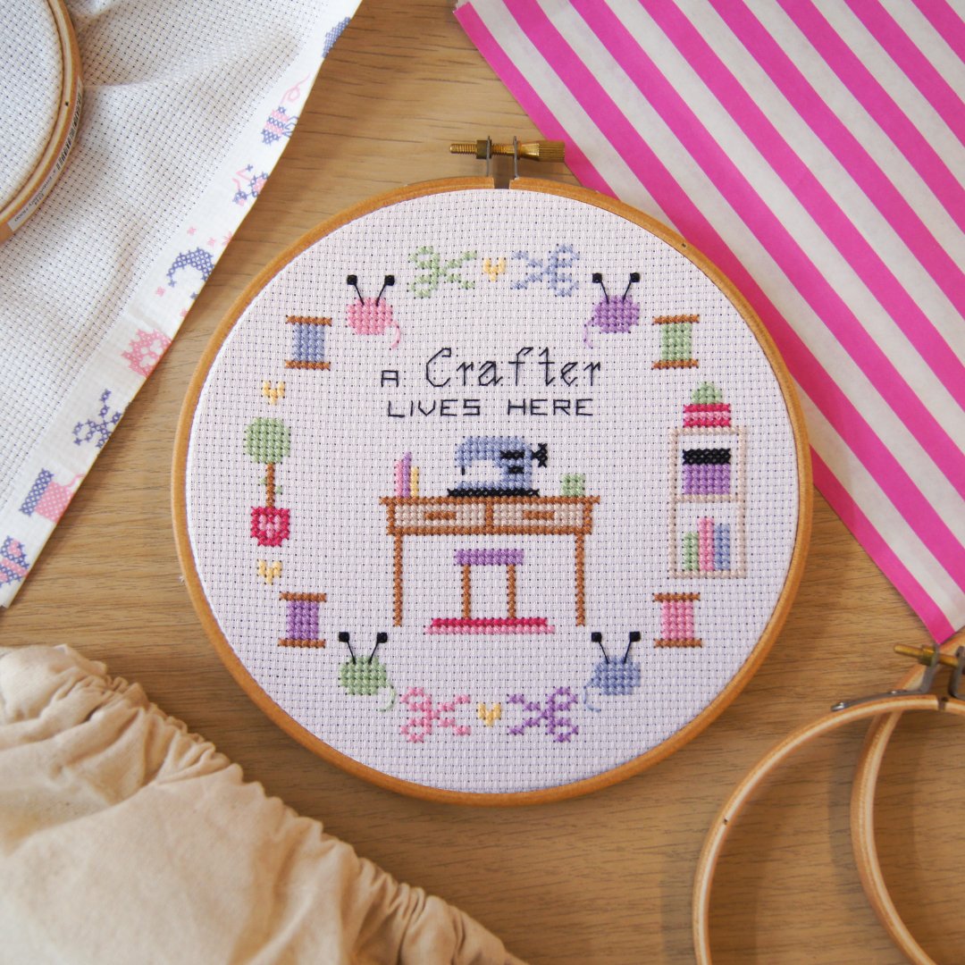 A Crafter Lives Here Cross Stitch Kit, Blue/Purple - Toys & Games - The Present King