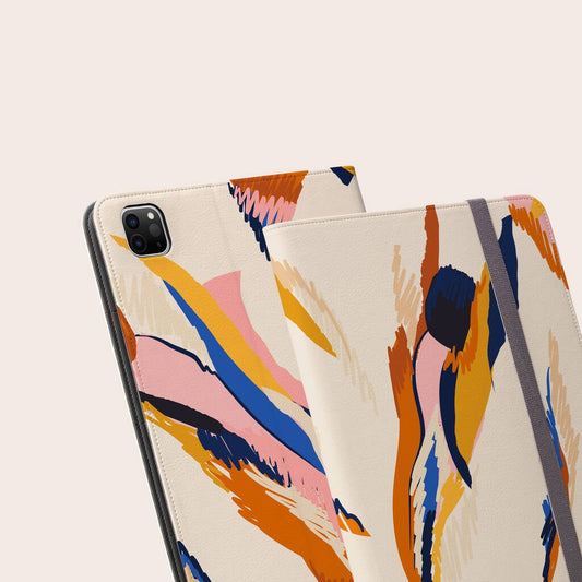 Abstract Feathers Vegan Leather iPad Folio Case, Beige - Electronics - The Present King