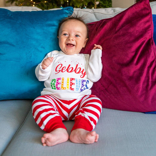 Baby Believes Personalised Christmas Pyjamas, Red/White - Clothing & Accessories - The Present King