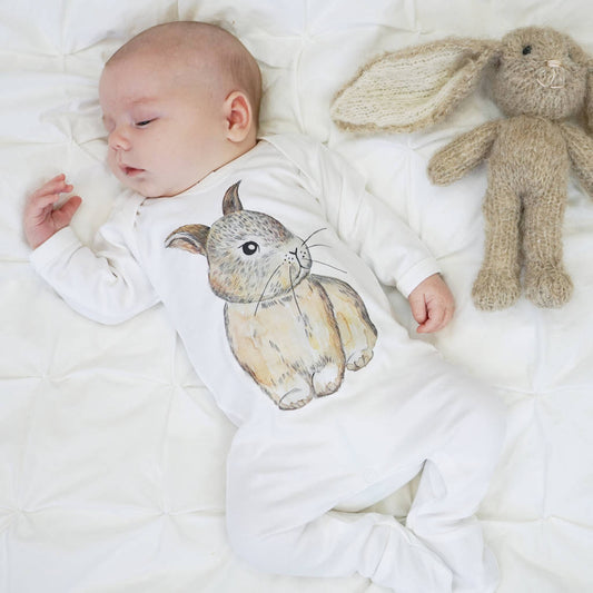 Baby Bunny Rabbit Watercolour Baby Sleepsuit, Grey - Baby & Toddler > Baby & Toddler Clothing > Baby & Toddler Sleepwear - The Present King