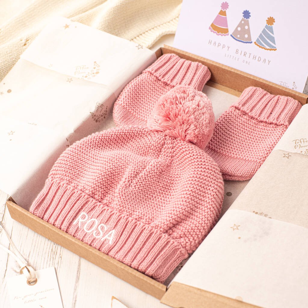 Baby Girl Personalised Bobble Hat And Mittens Gift Set, Brown/Cream/Natural/Pink - Baby & Toddler Clothing - The Present King