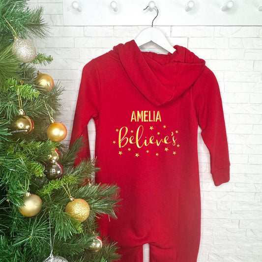 Believe's Personalised Kids Christmas Onesie Gold Stars, Red - Clothing & Accessories - The Present King