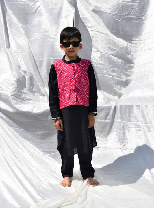 Bhandhani Boys Set Of Three Kurta Payjama And Jacket, Black - Clothing & Accessories - The Present King