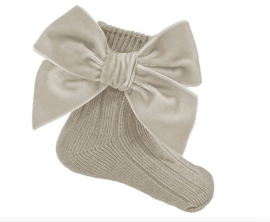 Biscuit Ankle Socks With Velvet Bow, Beige/Brown - Clothing & Accessories - The Present King