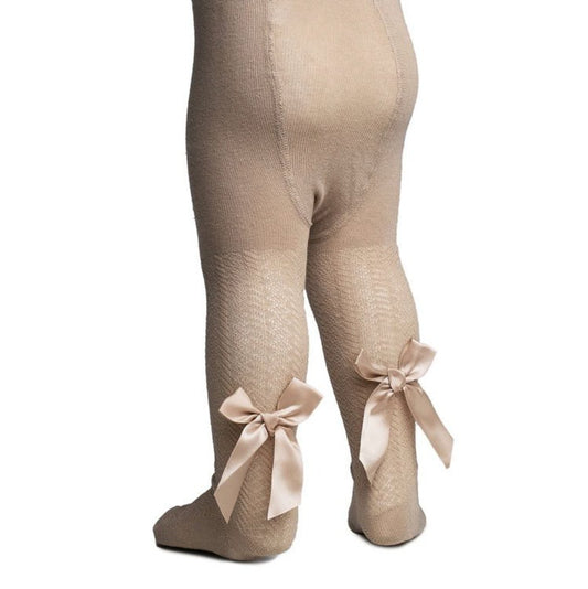 Biscuit Coloured Jacquard Tights With Bow Detail, Beige/Brown/Cream - Clothing & Accessories - The Present King