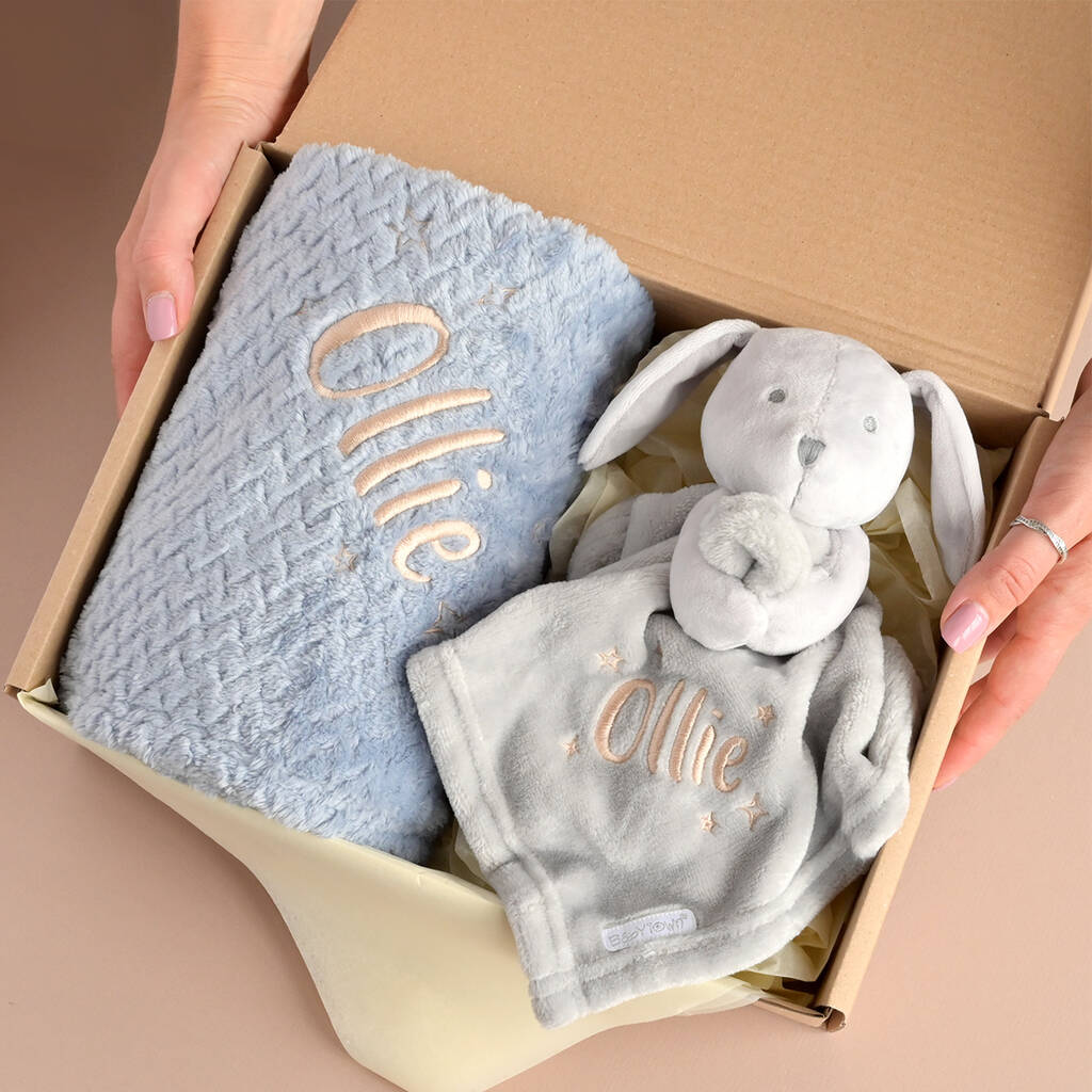 Blanket And Bunny Personalised Gifts Set For Baby, Grey - Toys & Games > Toys > Dolls, Playsets & Toy Figures > Stuffed Animals - The Present King