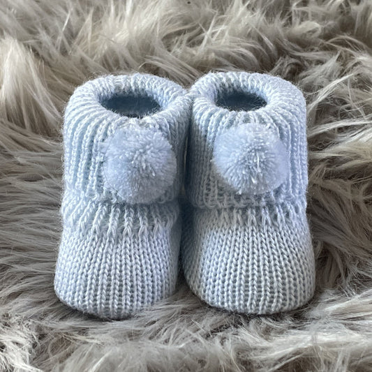 Blue Knitted Baby Booties With Pom Pom, Blue - Clothing & Accessories - The Present King