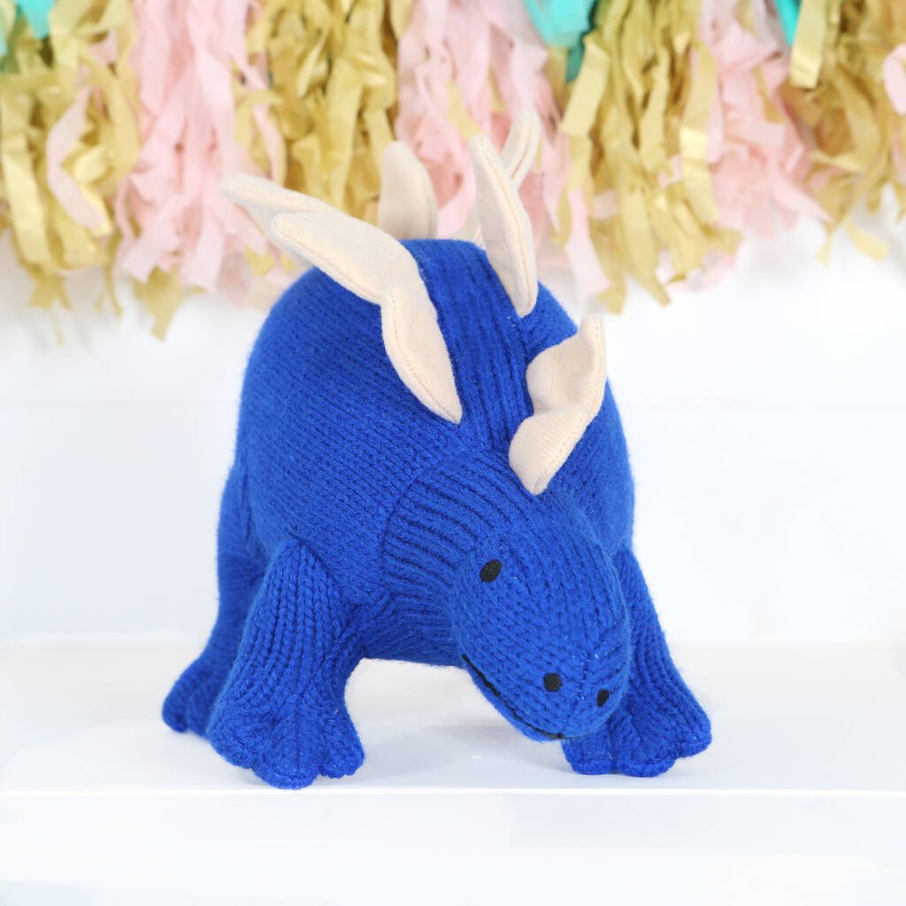 Blue Knitted Stegosaurus Dinosaur Soft Toy, Blue/Orange/Red - Toys & Games - The Present King