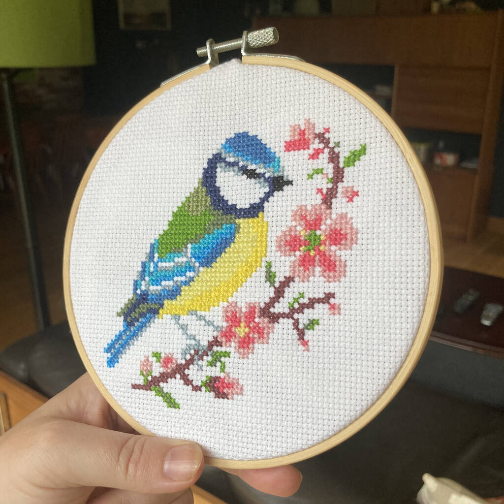 Blue Tit And Blossom Modern Cross Stitch Kit, Blue - Toys & Games - The Present King