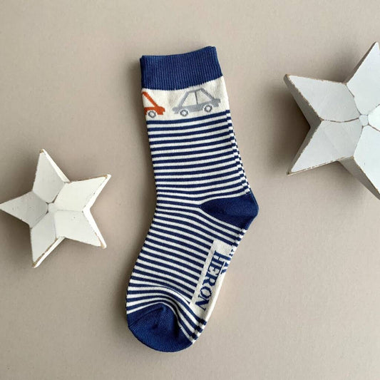 Boys Bamboo Cars And Stripes Socks In Navy 4 - 6 Years, Blue - Clothing & Accessories - The Present King