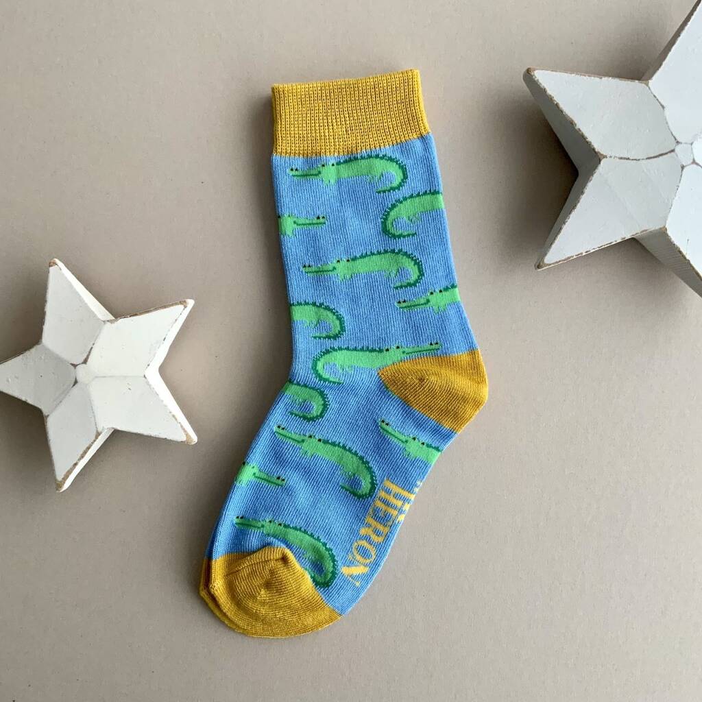 Boys Bamboo Crocodiles Socks In Powder Blue 4 - 6 Years, Blue/Yellow - Clothing & Accessories - The Present King