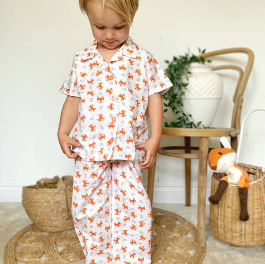 Boys Cotton Collared Fox Pyjama Set, Cream - Clothing & Accessories > Clothing > Baby & Toddler Clothing > Baby & Toddler Sleepwear - The Present King