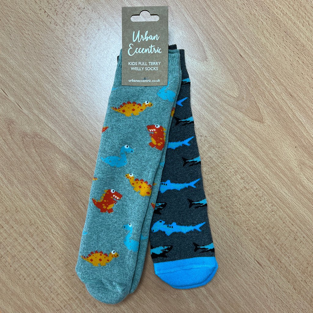 Boys Dinosaur And Shark Welly Socks, Blue/Green - Clothing & Accessories - The Present King