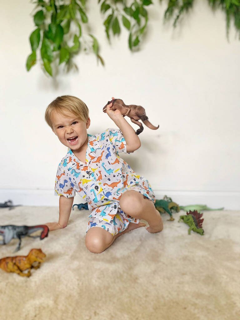 Boys Dinosaur Cotton Short Collared Pyjama Set, Cream - Clothing & Accessories > Clothing > Baby & Toddler Clothing > Baby & Toddler Sleepwear - The Present King