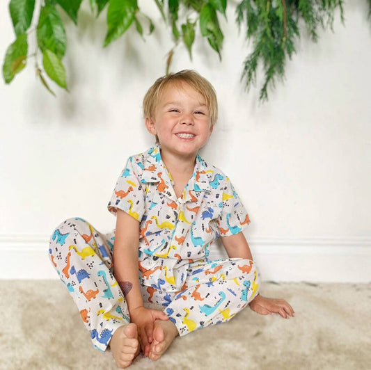 Boys Dinosaurs Cotton Summer Collared Pyjama Set, Cream - Clothing & Accessories > Clothing > Baby & Toddler Clothing > Baby & Toddler Sleepwear - The Present King