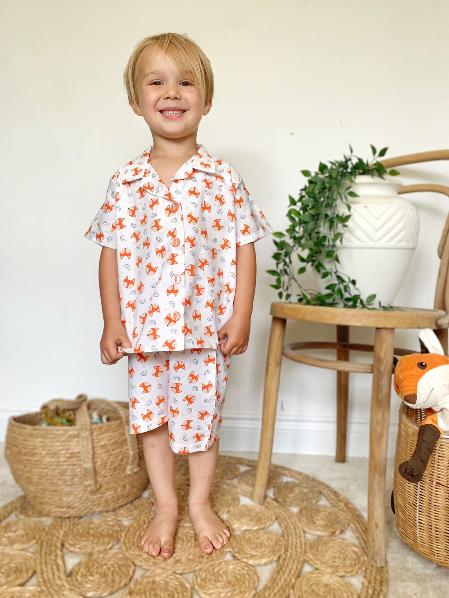 Boys Fox Cotton Short Collared Pyjama Set, Cream - Clothing & Accessories - The Present King