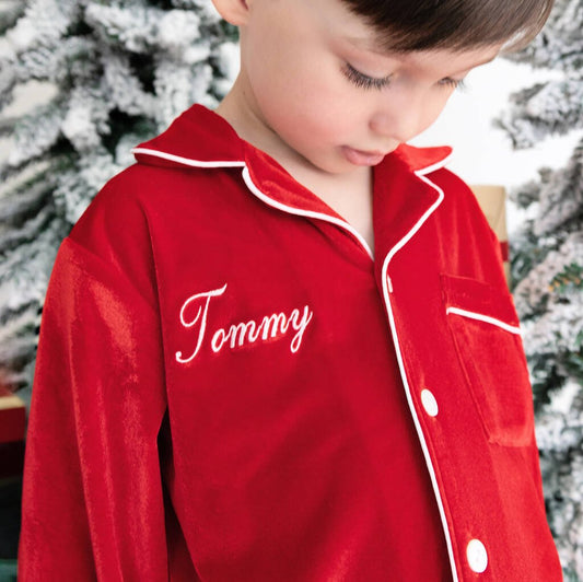 Boys Personalised Christmas Red Velvet Pyjamas, Red - Clothing & Accessories - The Present King