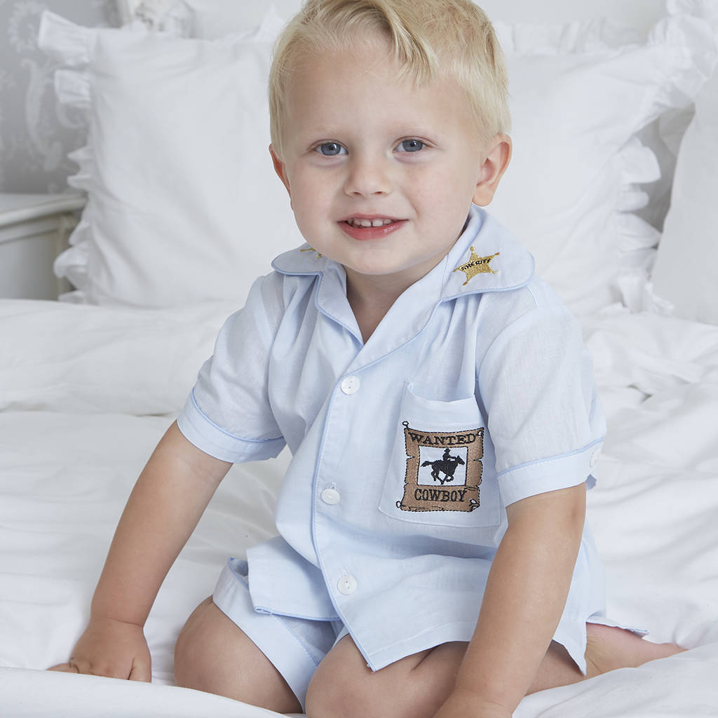 Boy's Personalised Cowboy Cotton Pyjama Short Set, Blue - Clothing & Accessories > Clothing > Sleepwear & Loungewear > Pyjamas - The Present King