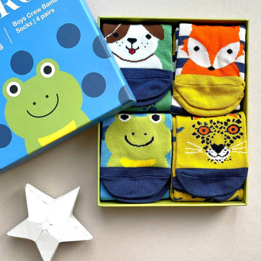 Boys Set Of 4 Bamboo Animal Socks 7 - 9 Years, Blue/Green/White - Clothing & Accessories - The Present King