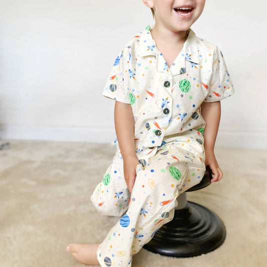 Boys Space Rocket Cotton Summer Collared Pyjama Set, Cream - Clothing & Accessories - The Present King