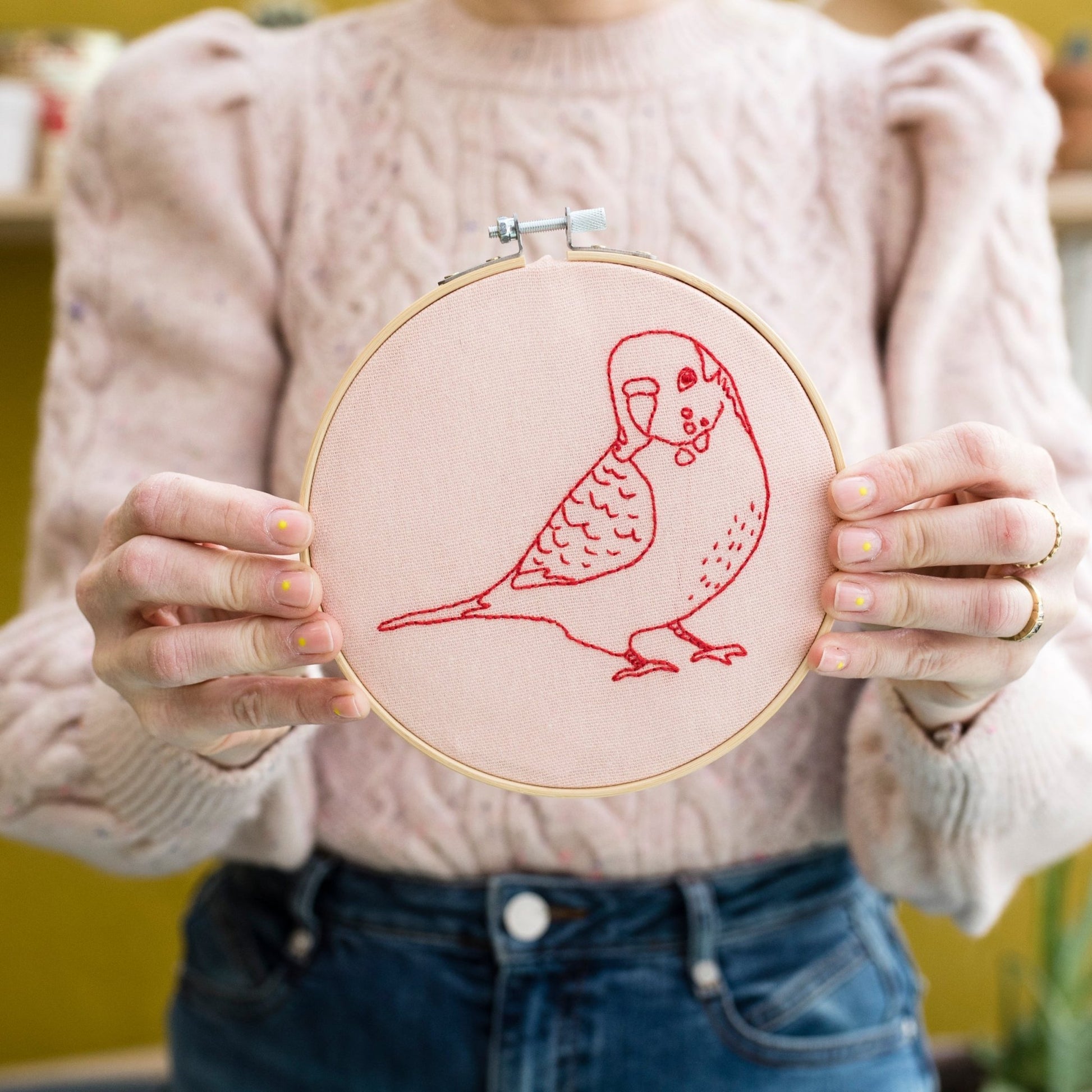 Budgerigar Embroidery Hoop Kit, Pink - Toys & Games - The Present King