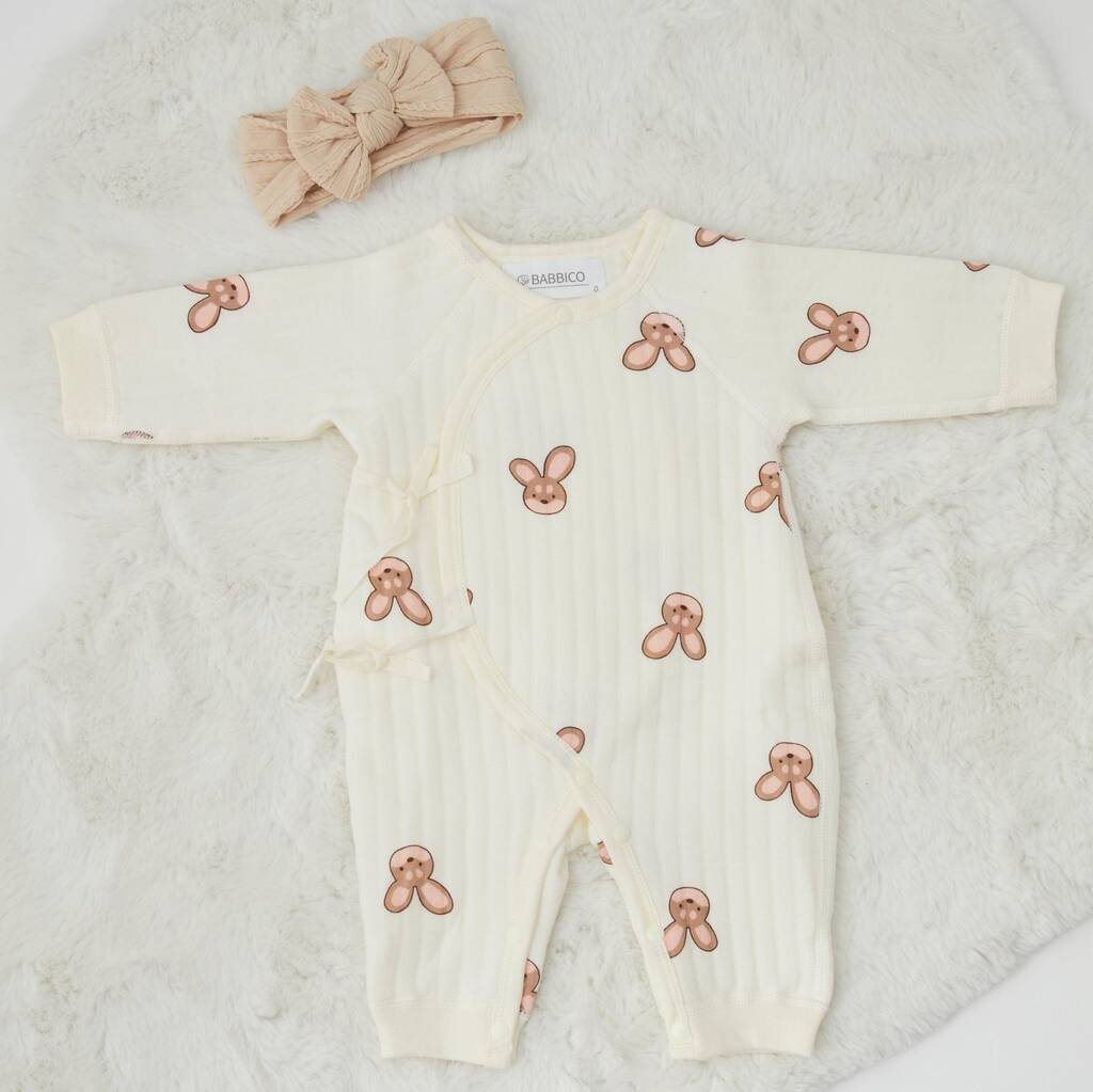 Bunny Print Ribbed Boucle Wrap Baby Romper, White - Clothing & Accessories > Clothing > Baby & Toddler Clothing > Baby & Toddler Outfits - The Present King