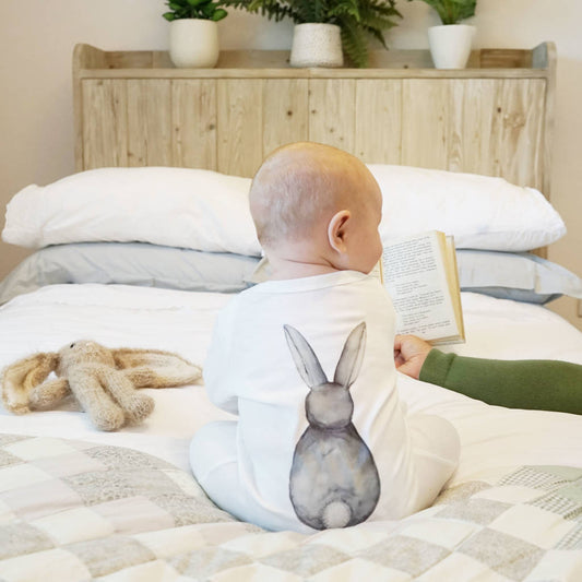 Bunny Rabbit Back Watercolour Baby Sleepsuit, Grey - Baby & Toddler > Baby & Toddler Clothing > Baby & Toddler Sleepwear - The Present King