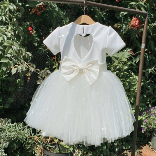 Cap Sleeve Heart Back Large Satin Bow Sash Tutu Dress, Ivory/White - Clothing & Accessories - The Present King