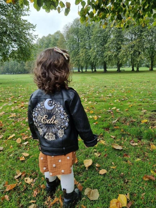 Celestial Embroidered Kid's Name Biker Jacket, Black/Gold/Silver/White - Clothing & Accessories - The Present King