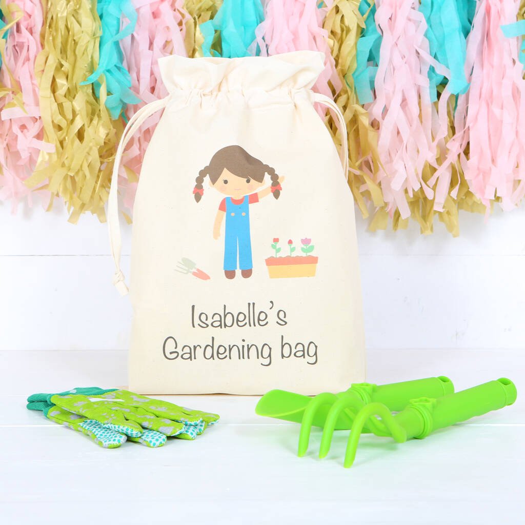 Childen's Garden Plastic Tool Set, Personalised Bag, Beige/Green - Toys & Games - The Present King