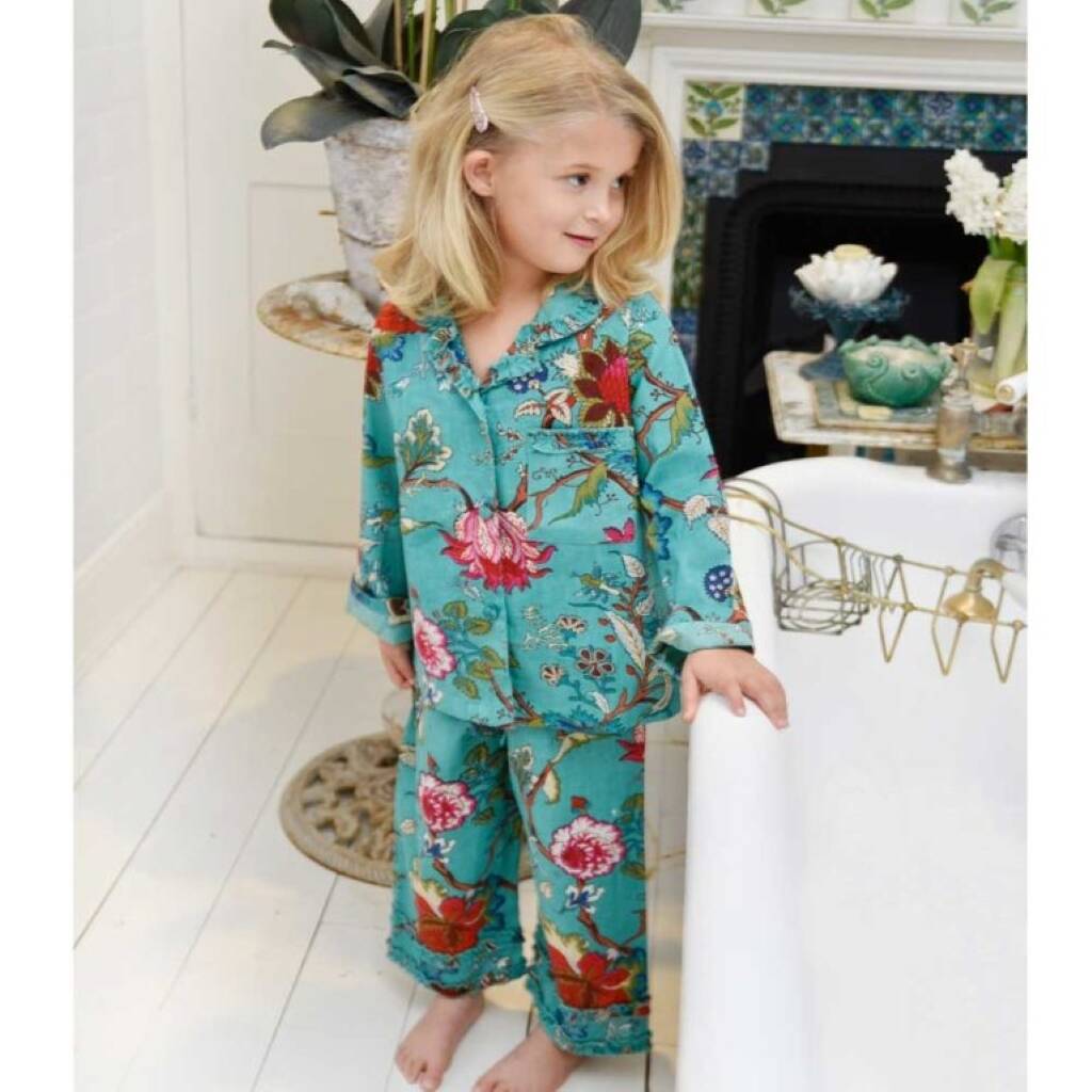 Children's Teal Exotic Flower Print Cotton Pyjamas, Teal - Clothing & Accessories > Clothing > Sleepwear & Loungewear > Pyjamas - The Present King