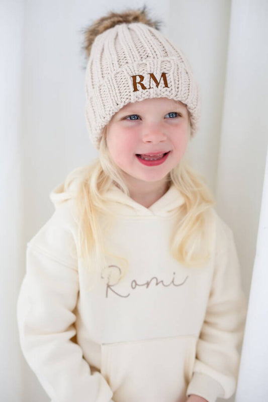 Child's Personalised Embroidered Initials Faux Fur Pom Pom Bobble Hat, Beige - Clothing & Accessories - The Present King