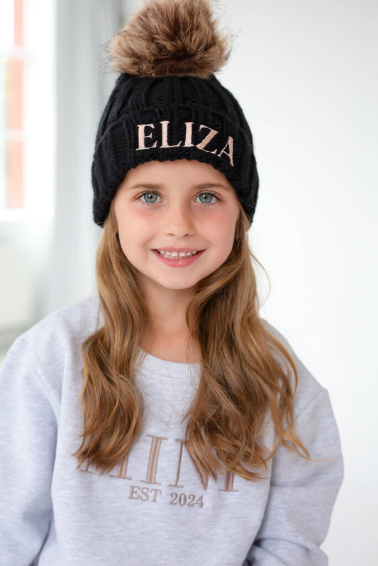 Child's Personalised Name Embroidered Faux Fur Pompom Bobble Hat, Beige - Clothing & Accessories - The Present King