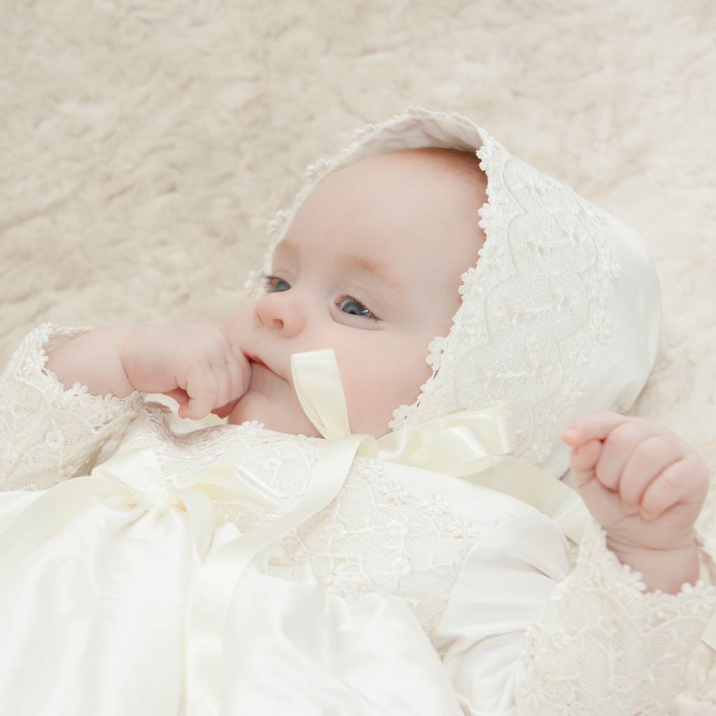 Christening Bonnet With Lace Trim, Ivory/White - Clothing & Accessories > Clothing Accessories > Baby & Toddler Clothing Accessories > Baby & Toddler Hats - The Present King