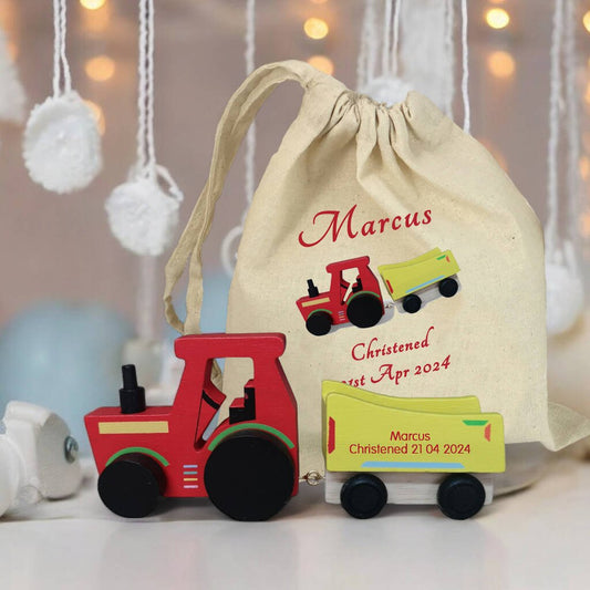 Christening Gift Personalised Colour Tractor And Gift Bag, Red/Yellow - Toys & Games - The Present King