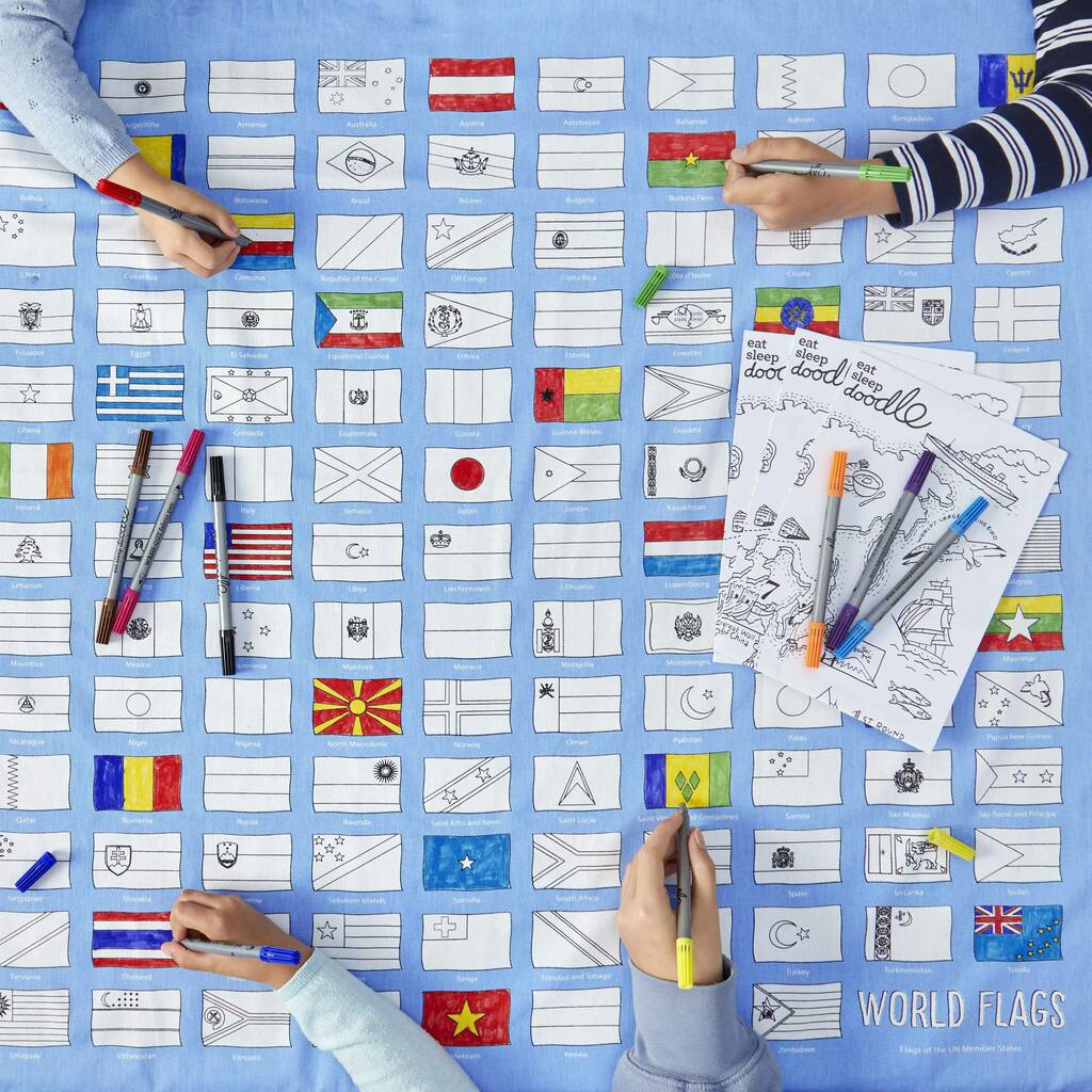 Colour In World Flags Tablecloth Kit + 10 Pens, Blue - Toys & Games - The Present King