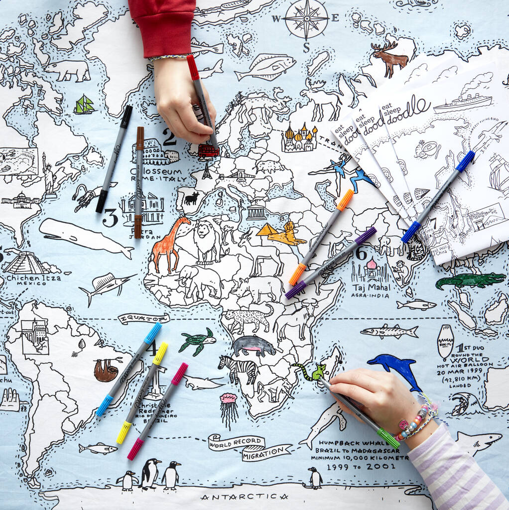 Colour In World Map Tablecloth Kit + 10 Pens, Blue - Toys & Games - The Present King