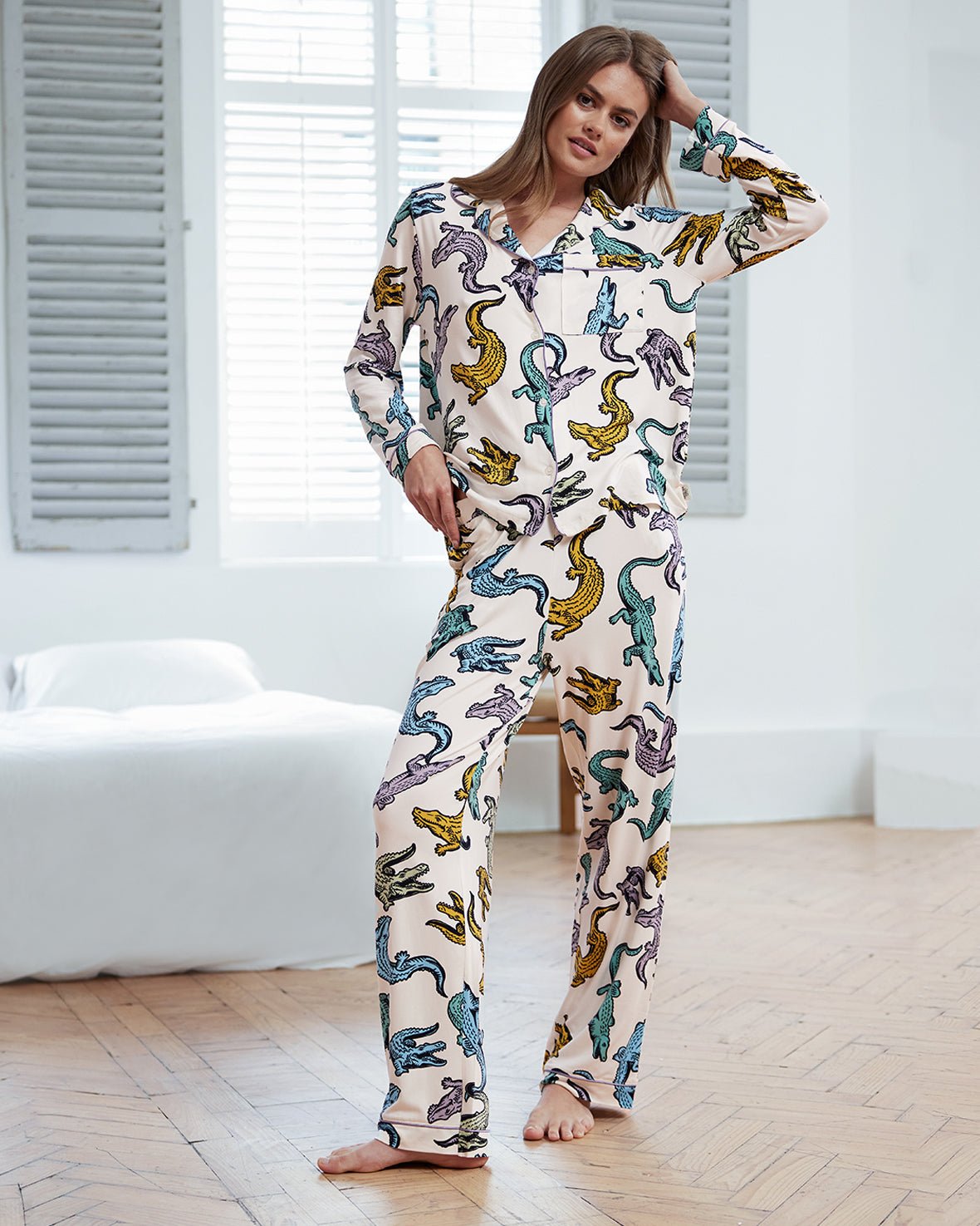 Colourful Crocodiles Print Button Up Long Pyjama Set - Clothing & Accessories - The Present King