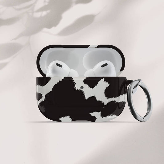 Cow Print Air Pods Case With Keychain, Black - Electronics - The Present King