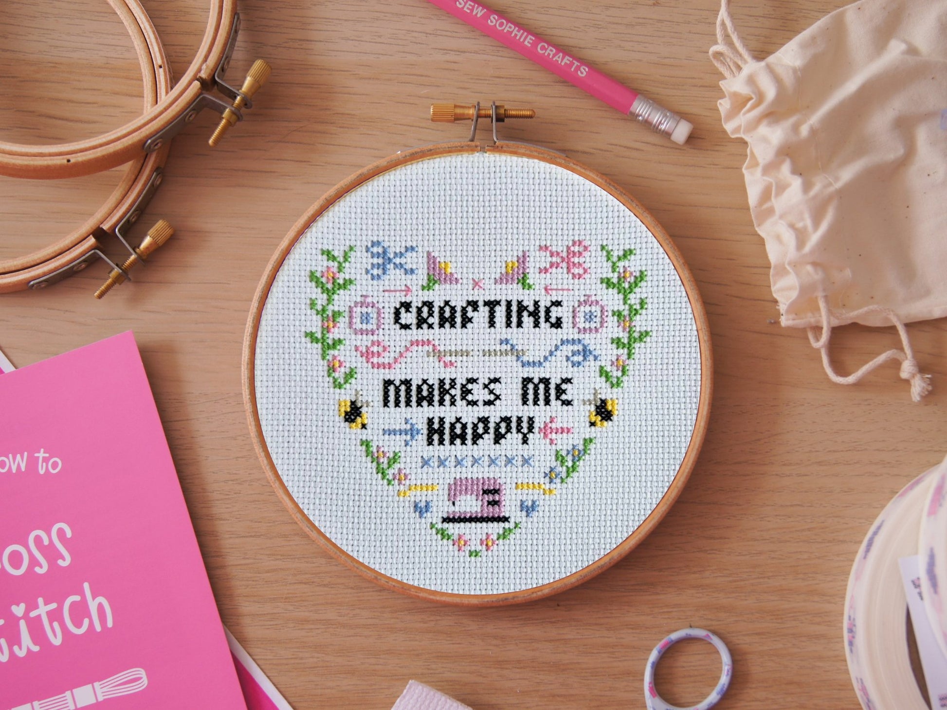 Crafting Makes Me Happy Cross Stitch Kit, Green/Pink/Purple - Toys & Games - The Present King