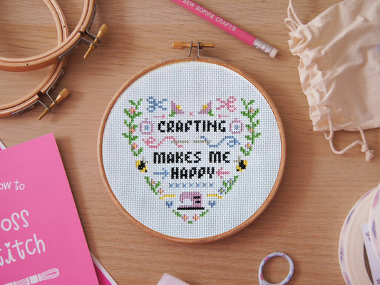 Crafting Makes Me Happy Cross Stitch Kit, Green/Pink/Purple - Toys & Games - The Present King