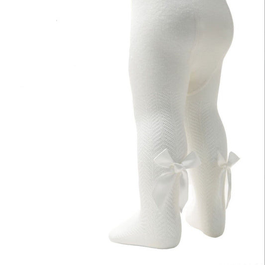 Cream Jacquard Tights With Bow Detail, Cream/White - Clothing & Accessories - The Present King