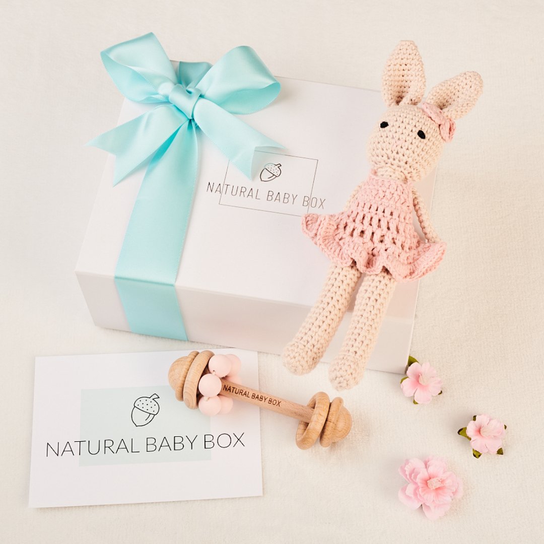 Crochet Bunny And Wooden Baby Rattle Gift Box - Toys & Games - The Present King