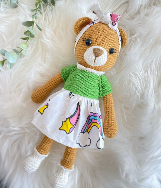 Cute Handmade Teddy Bear With Colourful Dress, Beige/Green/Pink/White/Yellow - Toys & Games > Toys > Dolls, Playsets & Toy Figures > Stuffed Animals - The Present King