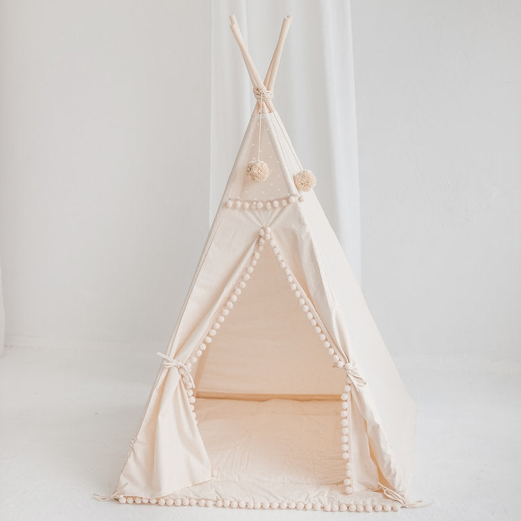 MINICAMP Square Children's Teepee With Pom-Poms in Ecru