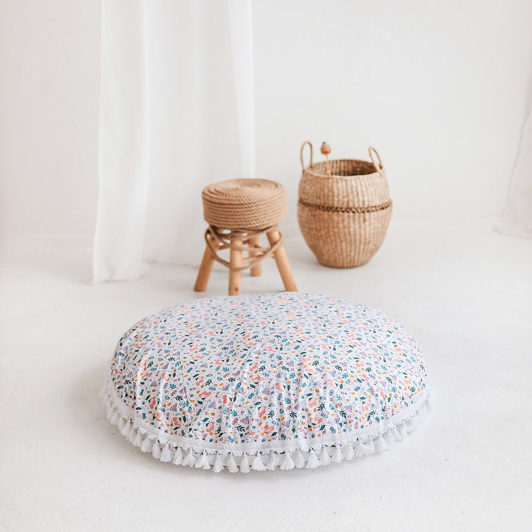 MINICAMP Large Floor Cushion in White and Floral Pattern