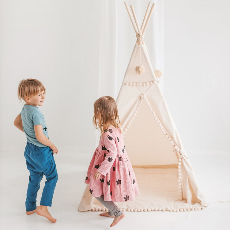 MINICAMP Square Children's Teepee With Pom-Poms in Ecru